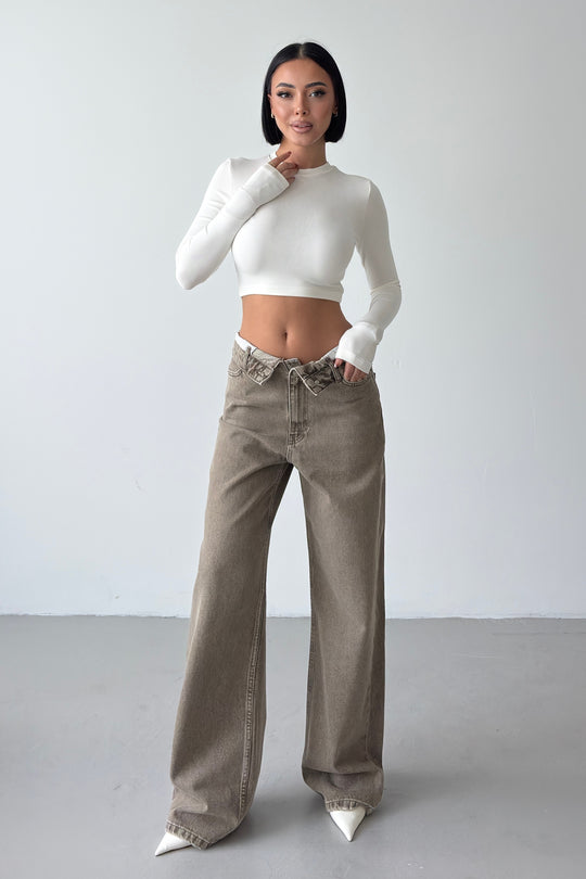 Routines Folded Waist Straight Jeans - Olive 3973 - ROUTINES