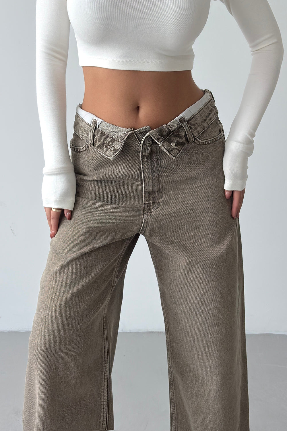 Routines Folded Waist Straight Jeans - Olive 3973 - ROUTINES