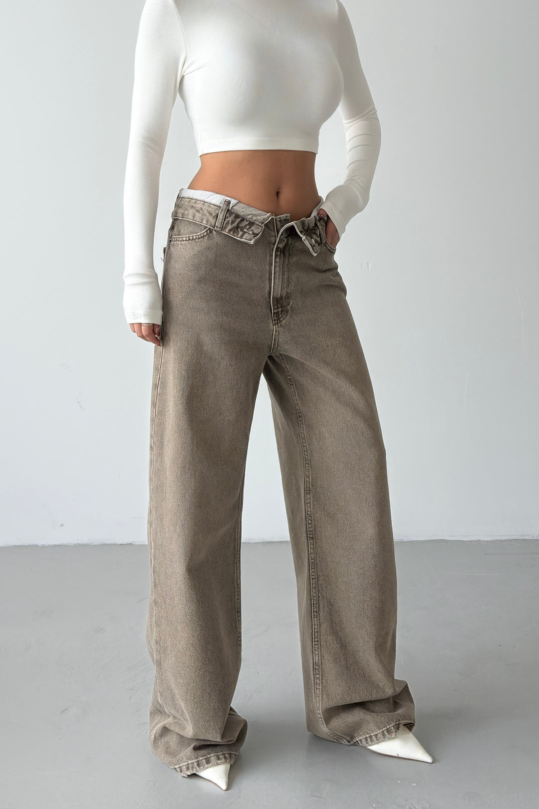Routines Folded Waist Straight Jeans - Olive 3973 - ROUTINES