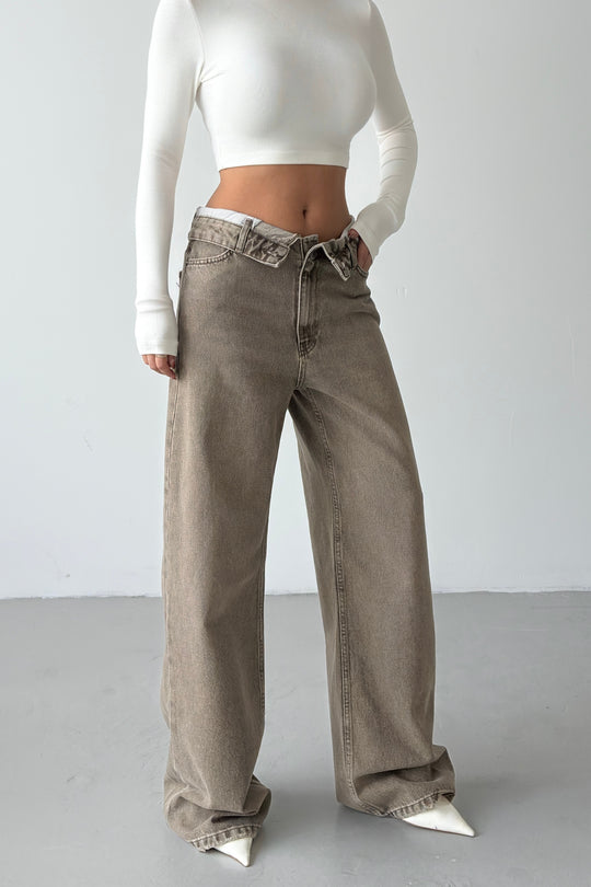 Routines Folded Waist Straight Jeans - Olive 3973 - ROUTINES