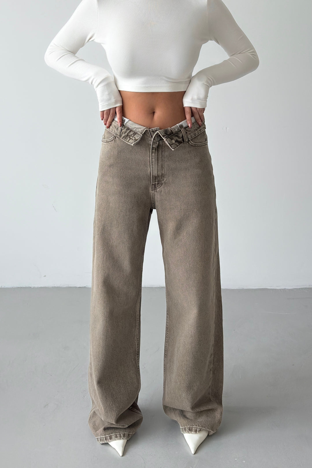 Routines Folded Waist Straight Jeans - Olive 3973 - ROUTINES