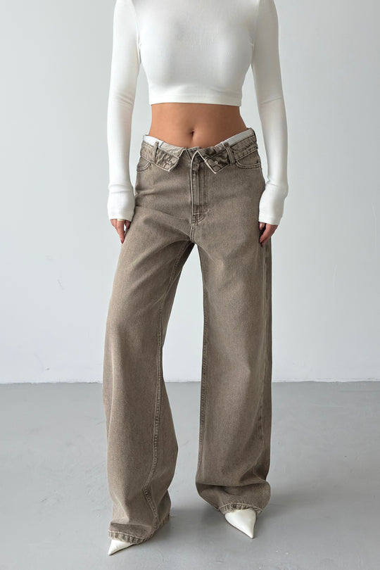 Routines Folded Waist Straight Jeans - Olive 3973 - ROUTINES