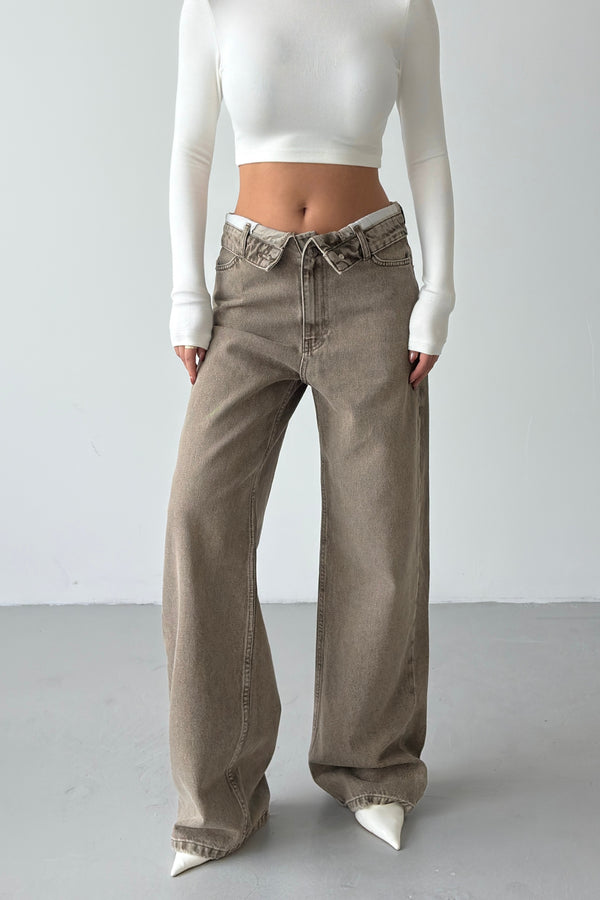 Routines Folded Waist Straight Jeans - Olive 3973 - ROUTINES