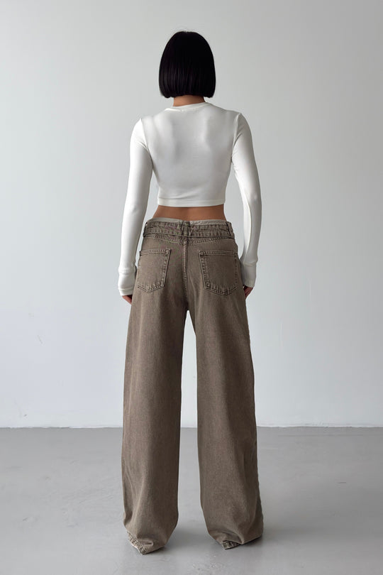 Routines Folded Waist Straight Jeans - Olive 3973 - ROUTINES