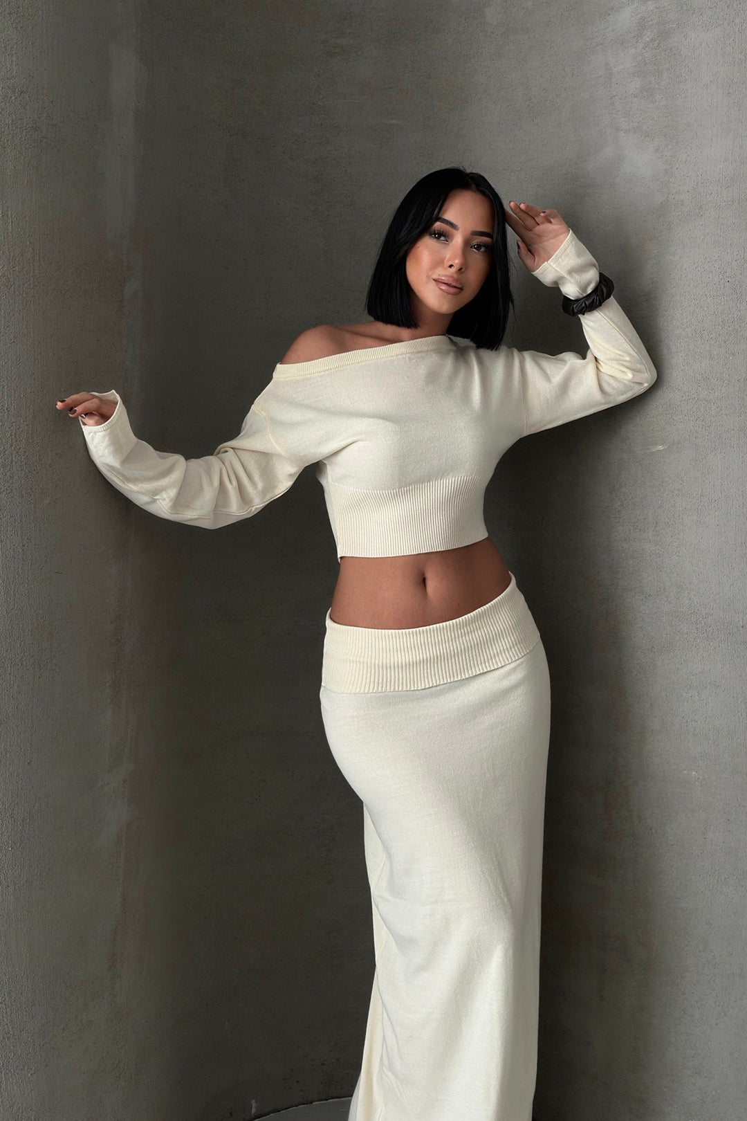 Routines Knitted Off-Shoulder Co-Ord - Cream 4069 Set Routines Fashion