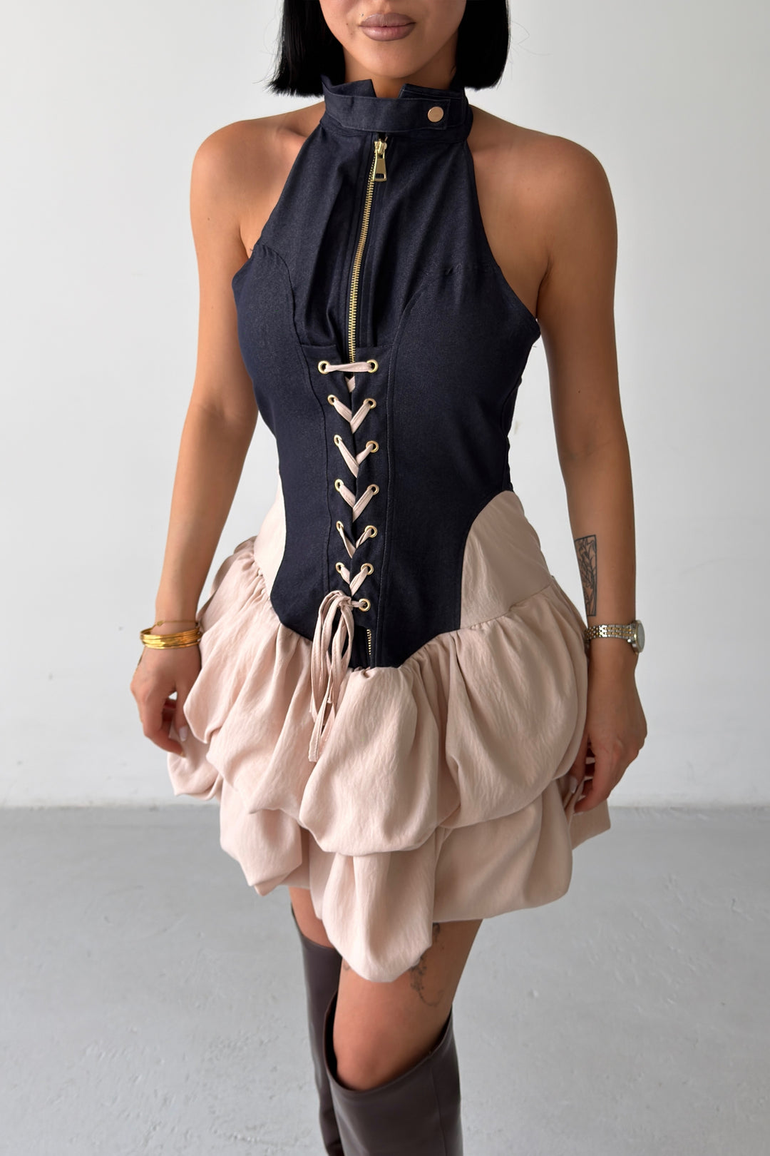 Routines Lace-up Denim Ruffle Dress 7970