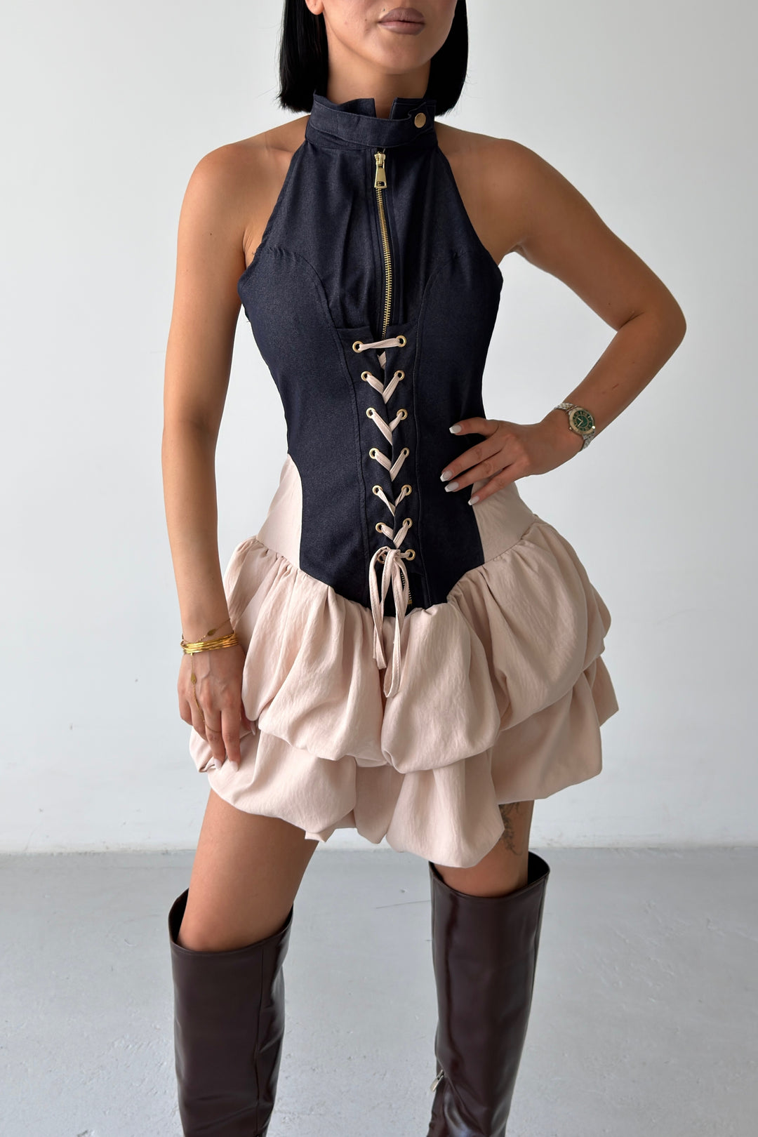 Routines Lace-up Denim Ruffle Dress 7970
