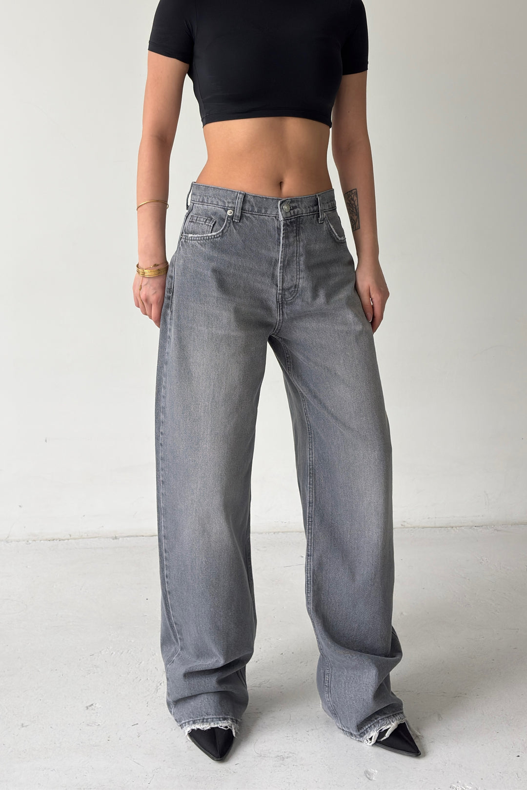 Routines Lace-up Detail Baggy Jeans - Grey 3768 - ROUTINES