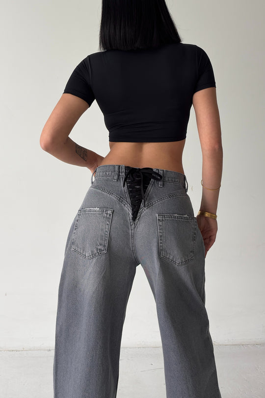 Routines Lace-up Detail Baggy Jeans - Grey 3768 - ROUTINES