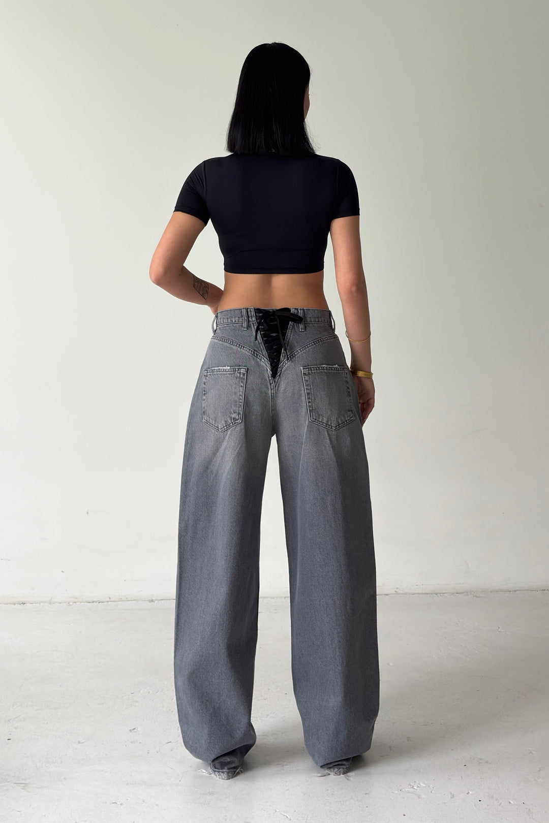 Routines Lace-up Detail Baggy Jeans - Grey 3768 - ROUTINES