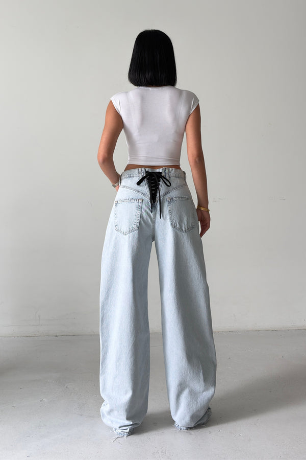 Routines Lace-up Detail Baggy Jeans - Light Blue 3769 Jeans Routines Fashion