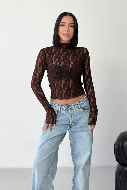 Routines Lace Longsleeve Top - Brown 4640 - ROUTINES
