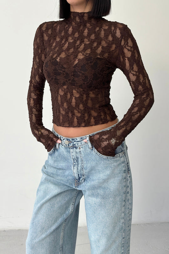 Routines Lace Longsleeve Top - Brown 4640 - ROUTINES