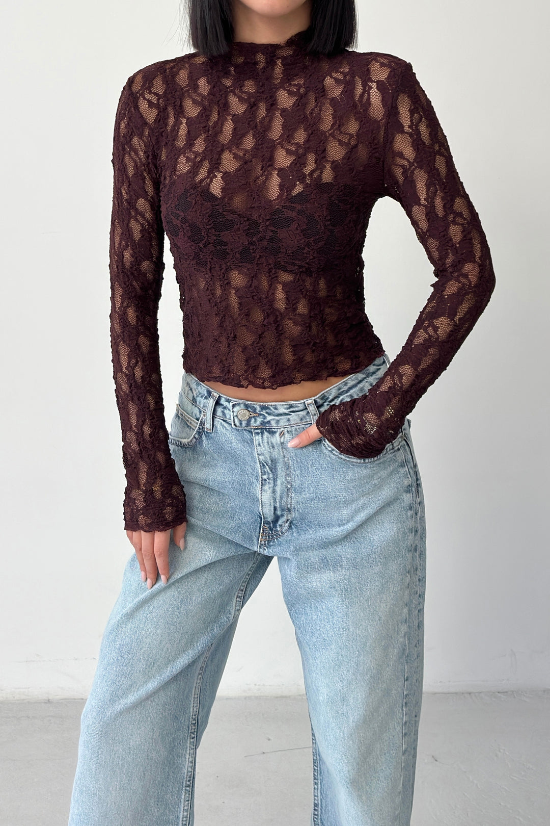 Routines Lace Longsleeve Top - Burgundy 4669 - ROUTINES