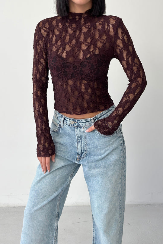 Routines Lace Longsleeve Top - Burgundy 4669 - ROUTINES