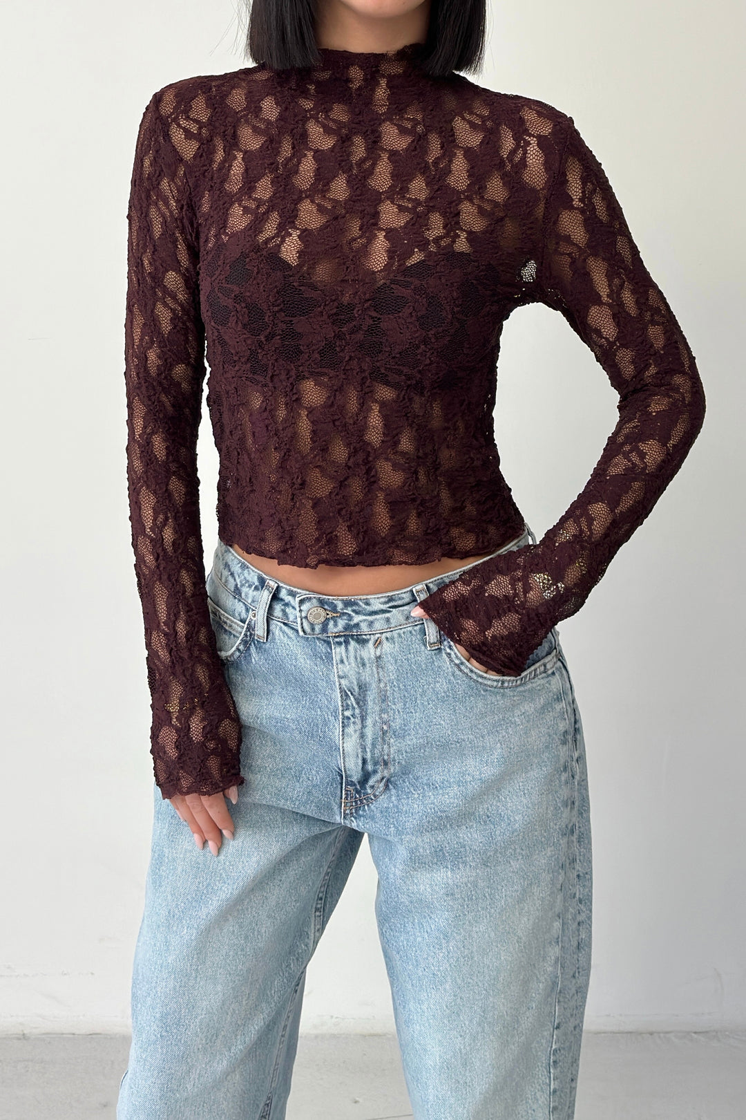 Routines Lace Longsleeve Top - Burgundy 4669 - ROUTINES