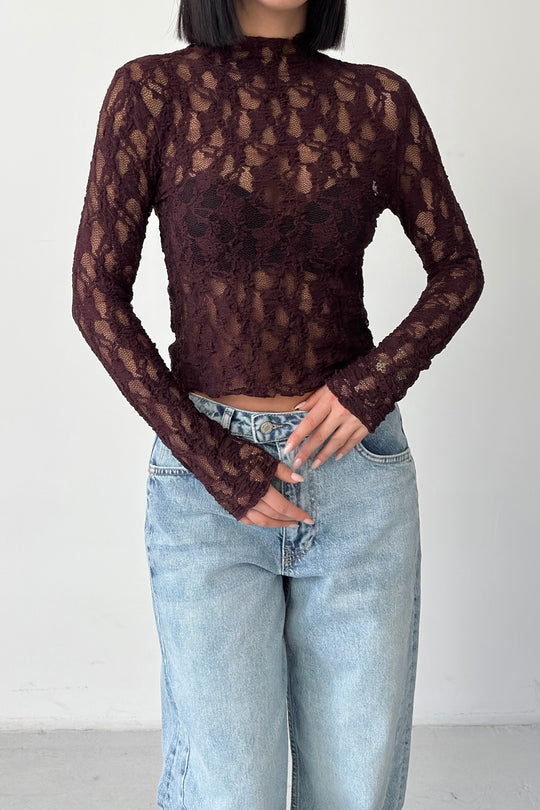 Routines Lace Longsleeve Top - Burgundy 4669 - ROUTINES