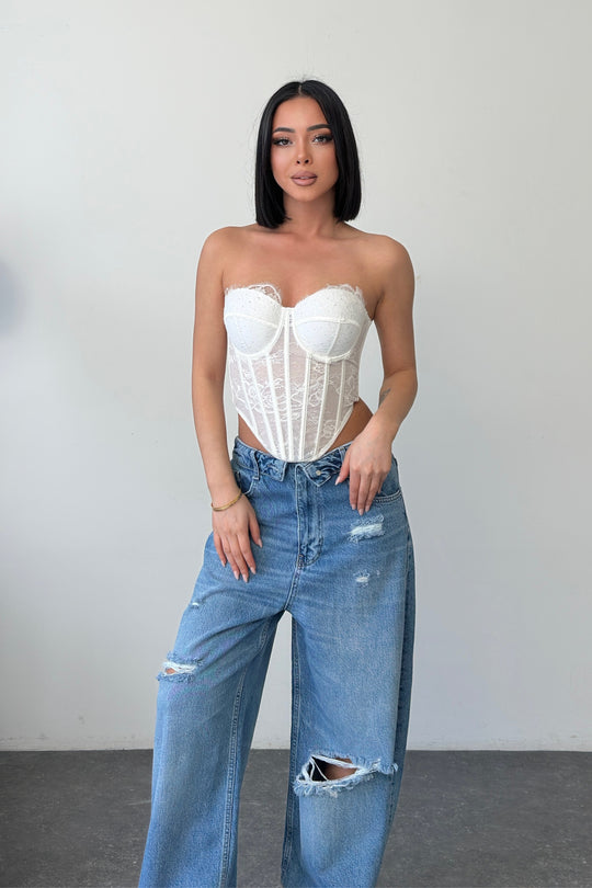 Routines Lace Rhinestone Corset Top - White 1865