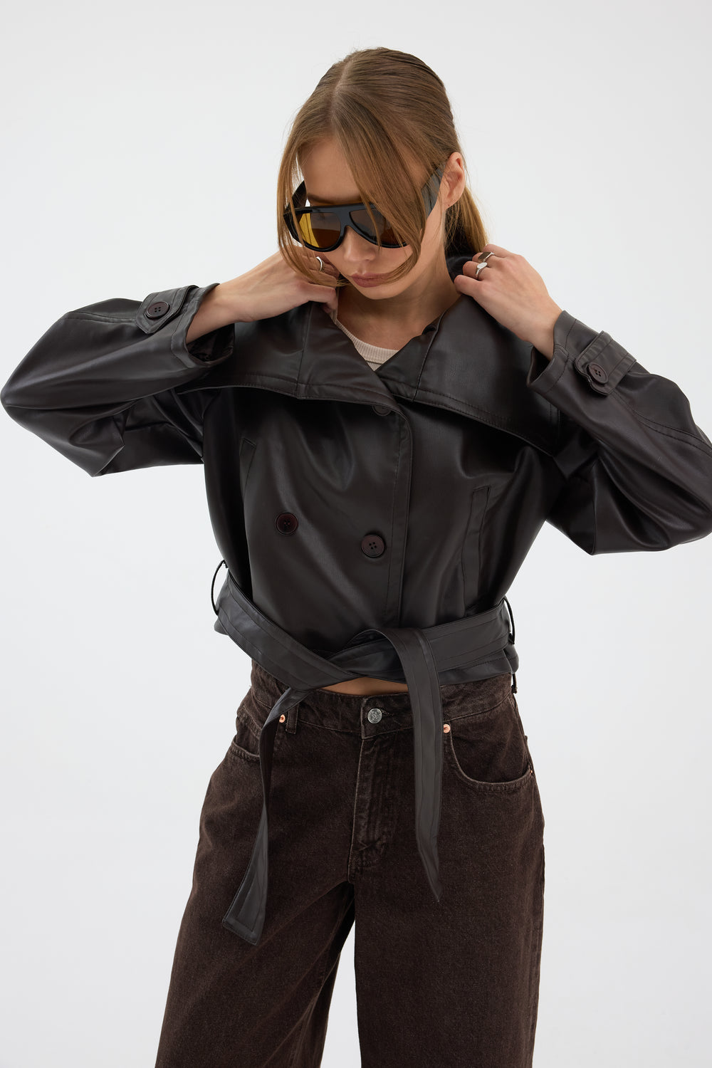 Routines Leatherlook Cropped Trench Coat - Brown 8505 Coat Routines Fashion