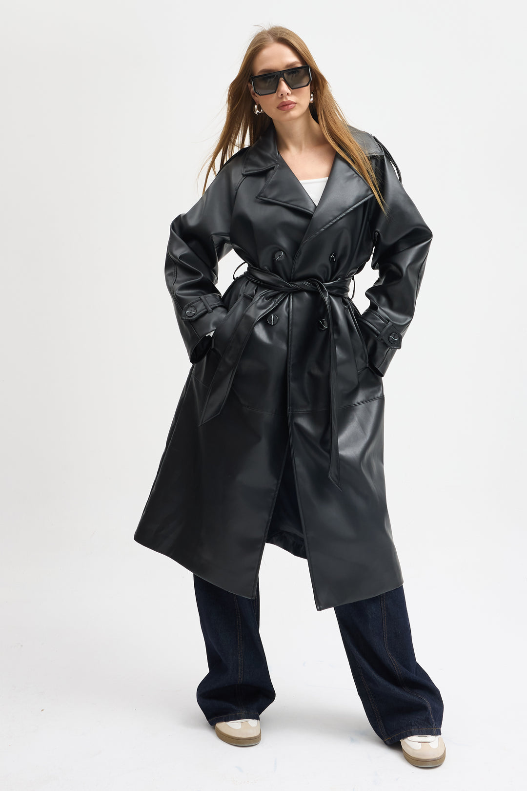 Routines Faux Leather Trench Coat - Black 8506 Coat Routines Fashion