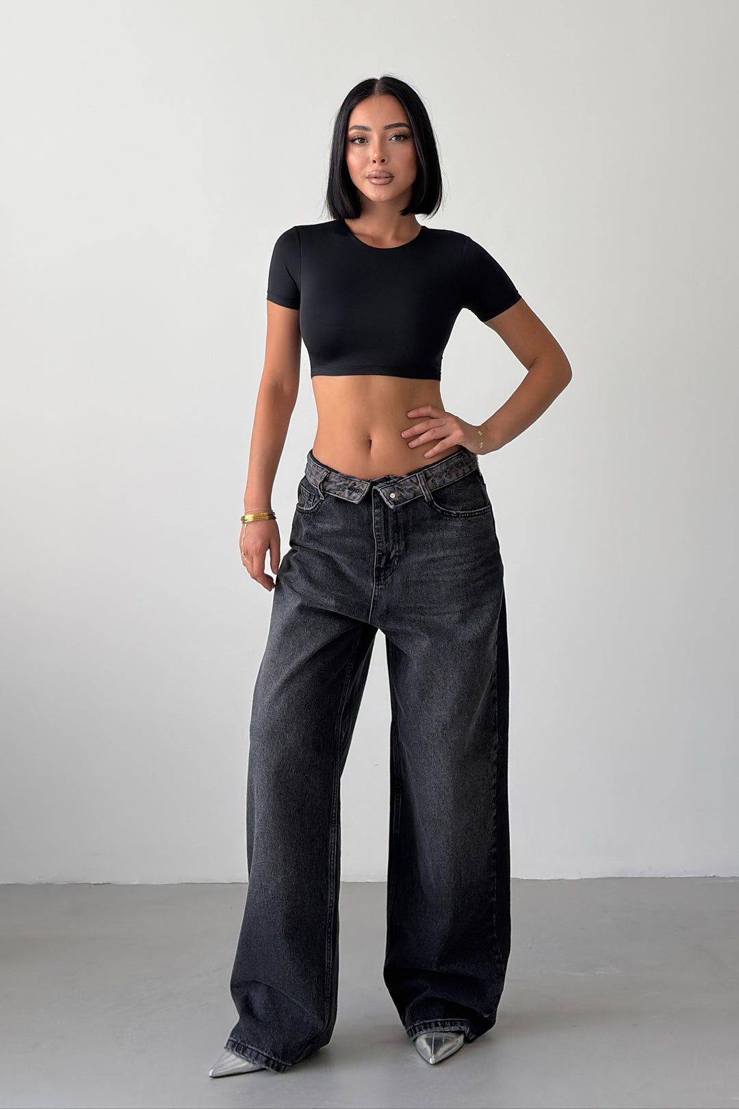 Routines Leopard Folded Waist Jeans - Black 5341