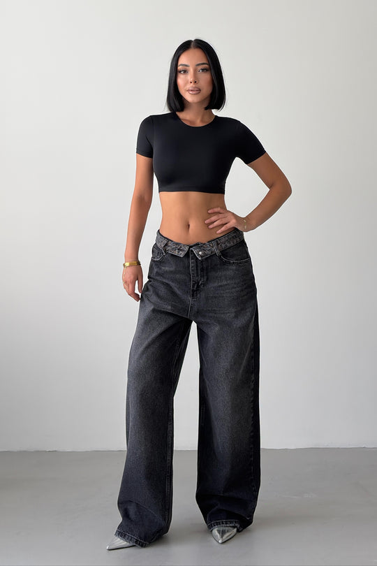 Routines Leopard Folded Waist Jeans - Black 5341