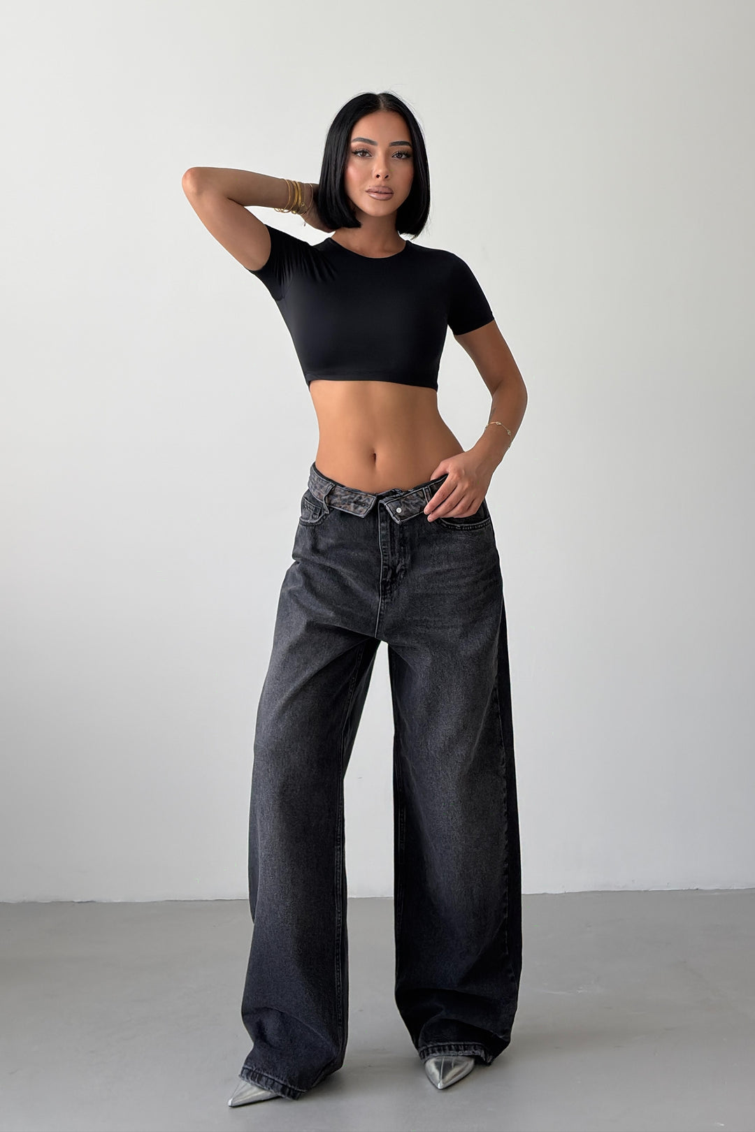 Routines Leopard Folded Waist Jeans - Black 5341