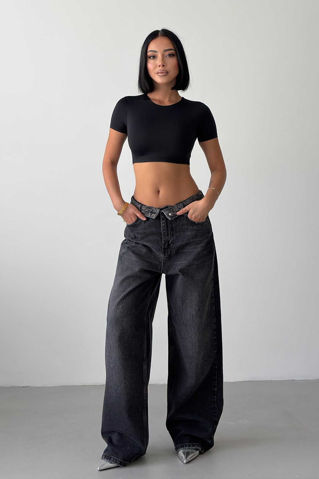 Routines Leopard Folded Waist Jeans - Black 5341
