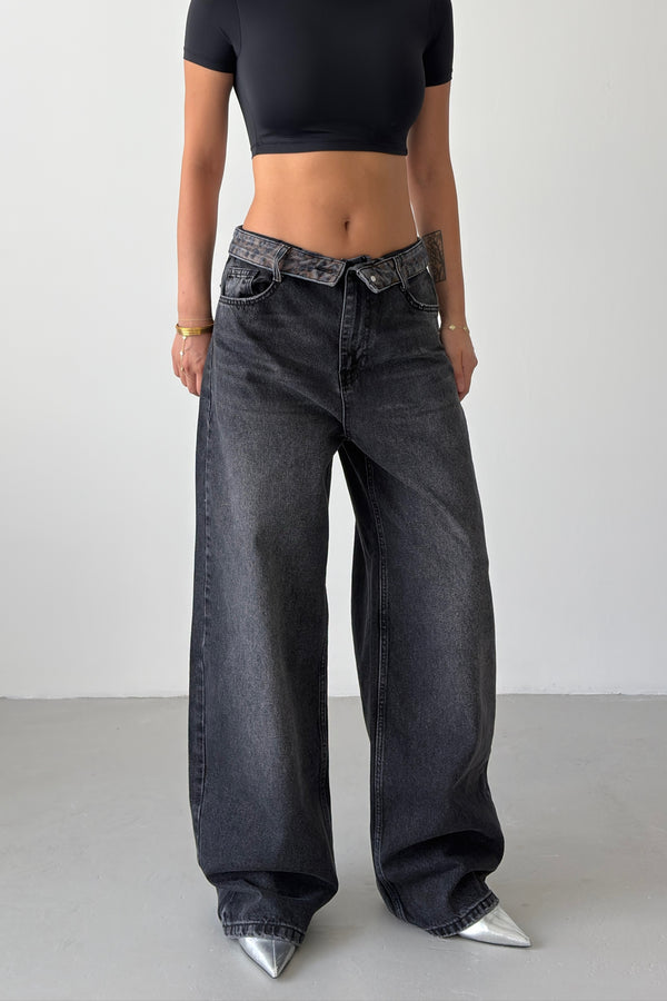 Routines Leopard Folded Waist Jeans - Black 5341