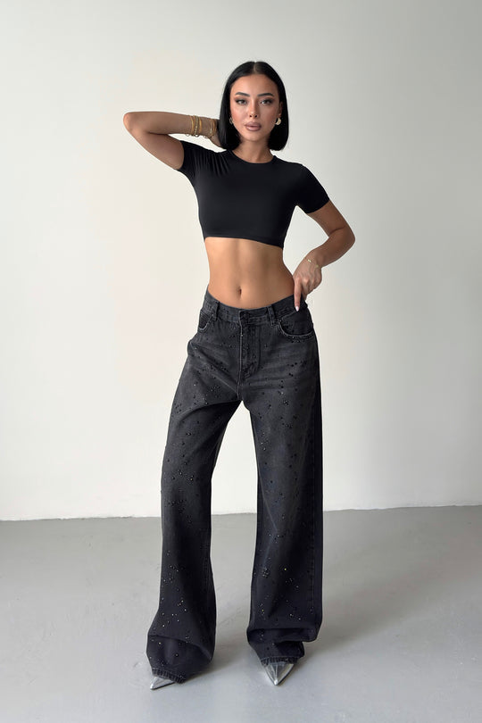 Routines Loose Mid-rise Rhinestones Jeans - Black 3103