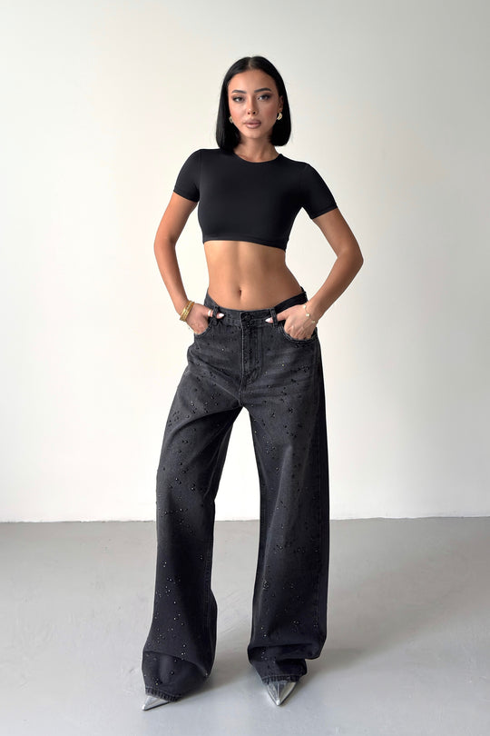 Routines Loose Mid-rise Rhinestones Jeans - Black 3103