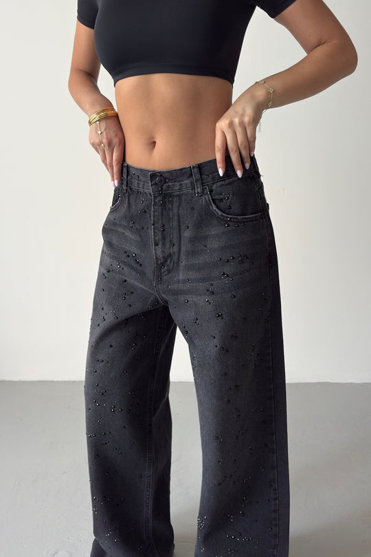 Routines Loose Mid-rise Rhinestones Jeans - Black 3103