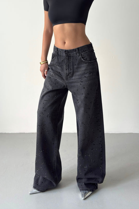 Routines Loose Mid-rise Rhinestones Jeans - Black 3103