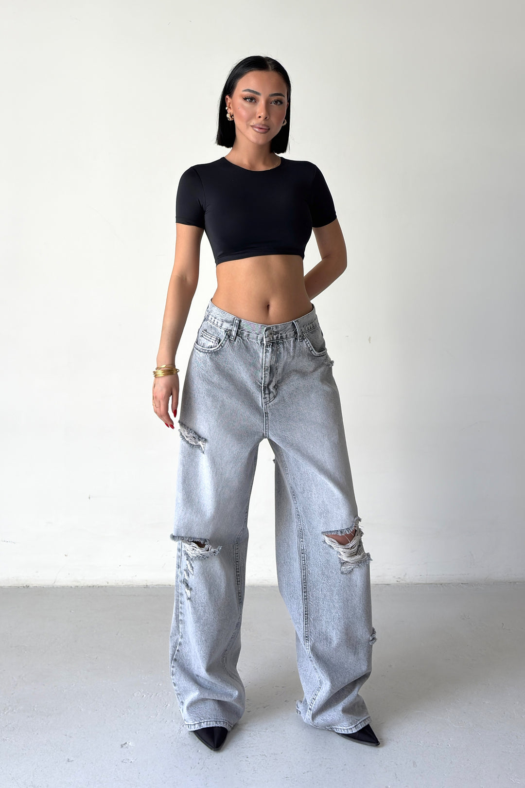 Routines Mid-rise Loose Ripped Jeans - Grey 3103