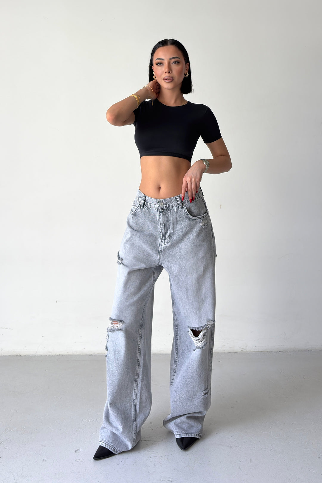 Routines Mid-rise Loose Ripped Jeans - Grey 3103