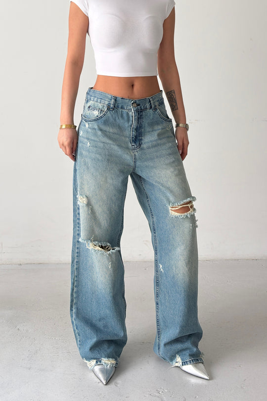Routines Mid-rise Loose Ripped Jeans - Vintage Blue 3103 - ROUTINES