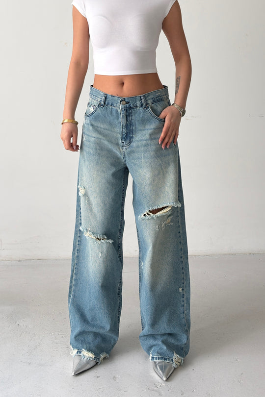 Routines Mid-rise Loose Ripped Jeans - Vintage Blue 3103 - ROUTINES
