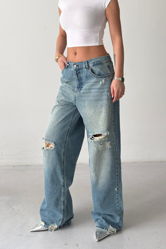Routines Mid-rise Loose Ripped Jeans - Vintage Blue 3103 - ROUTINES