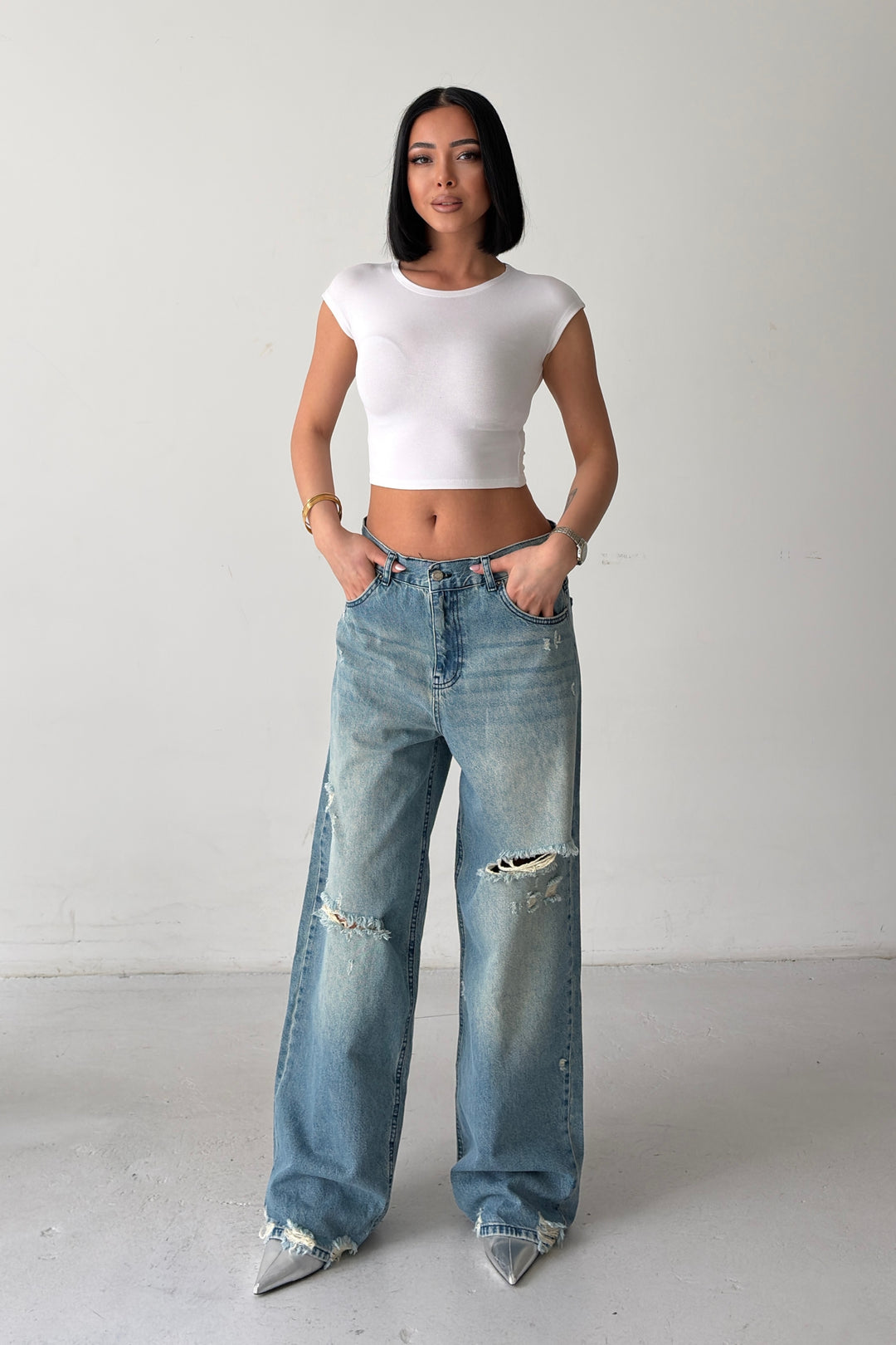 Routines Mid-rise Loose Ripped Jeans - Vintage Blue 3103 - ROUTINES