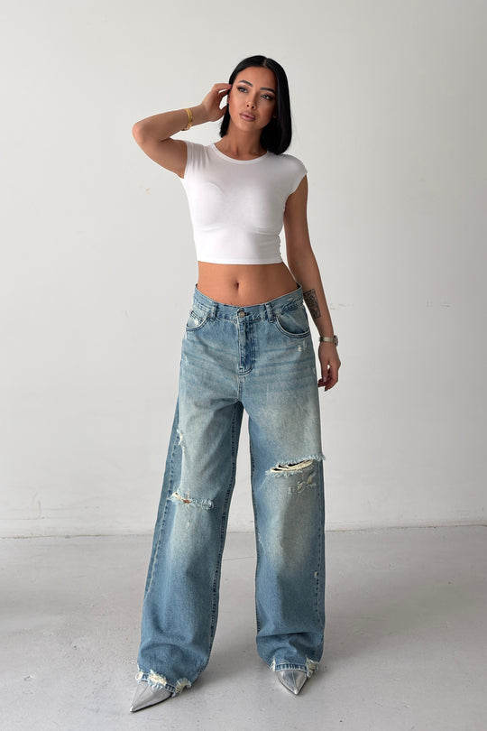 Routines Mid-rise Loose Ripped Jeans - Vintage Blue 3103 - ROUTINES