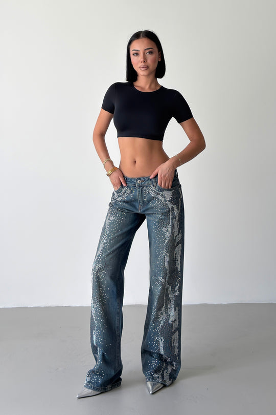 Routines Mid-waist Rhinestone Studs Detail Jeans 5370 - ROUTINES