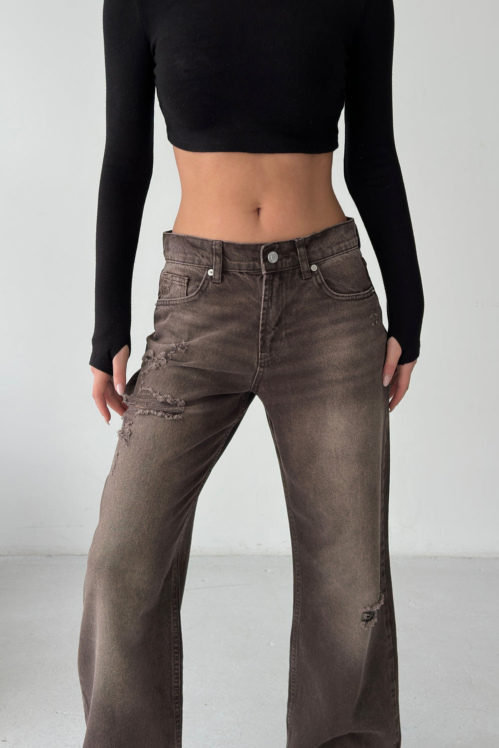 Routines Mid-waist Ripped Jeans - Brown 1479-2 Jeans Routines Fashion