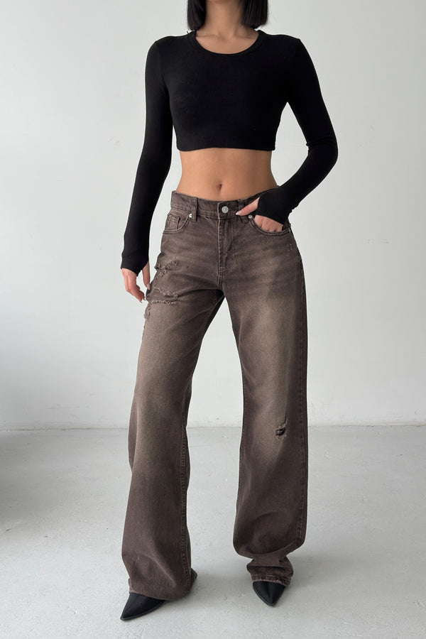 Routines Mid-waist Ripped Jeans - Brown 1479-2 Jeans Routines Fashion