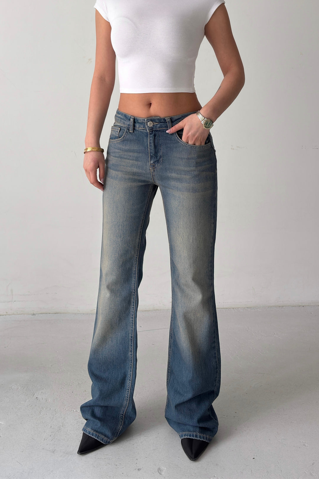 Routines Mid-waist Stretch Flared Jeans - Vintage Blue 4370 - ROUTINES