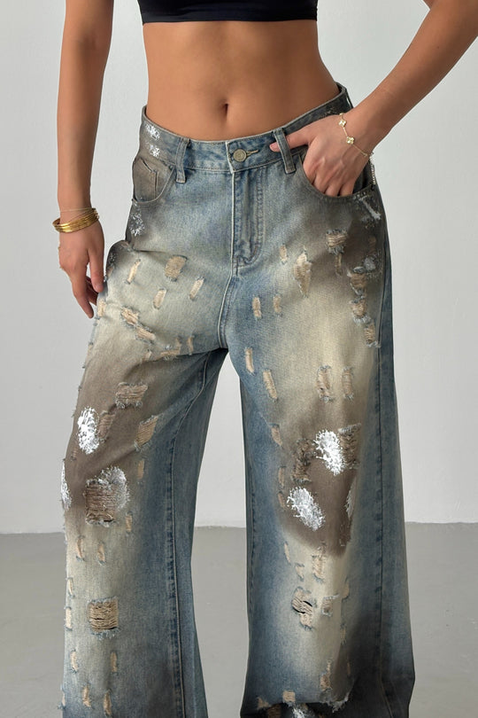 Routines Mud Washed Ripped Baggy Jeans 8228