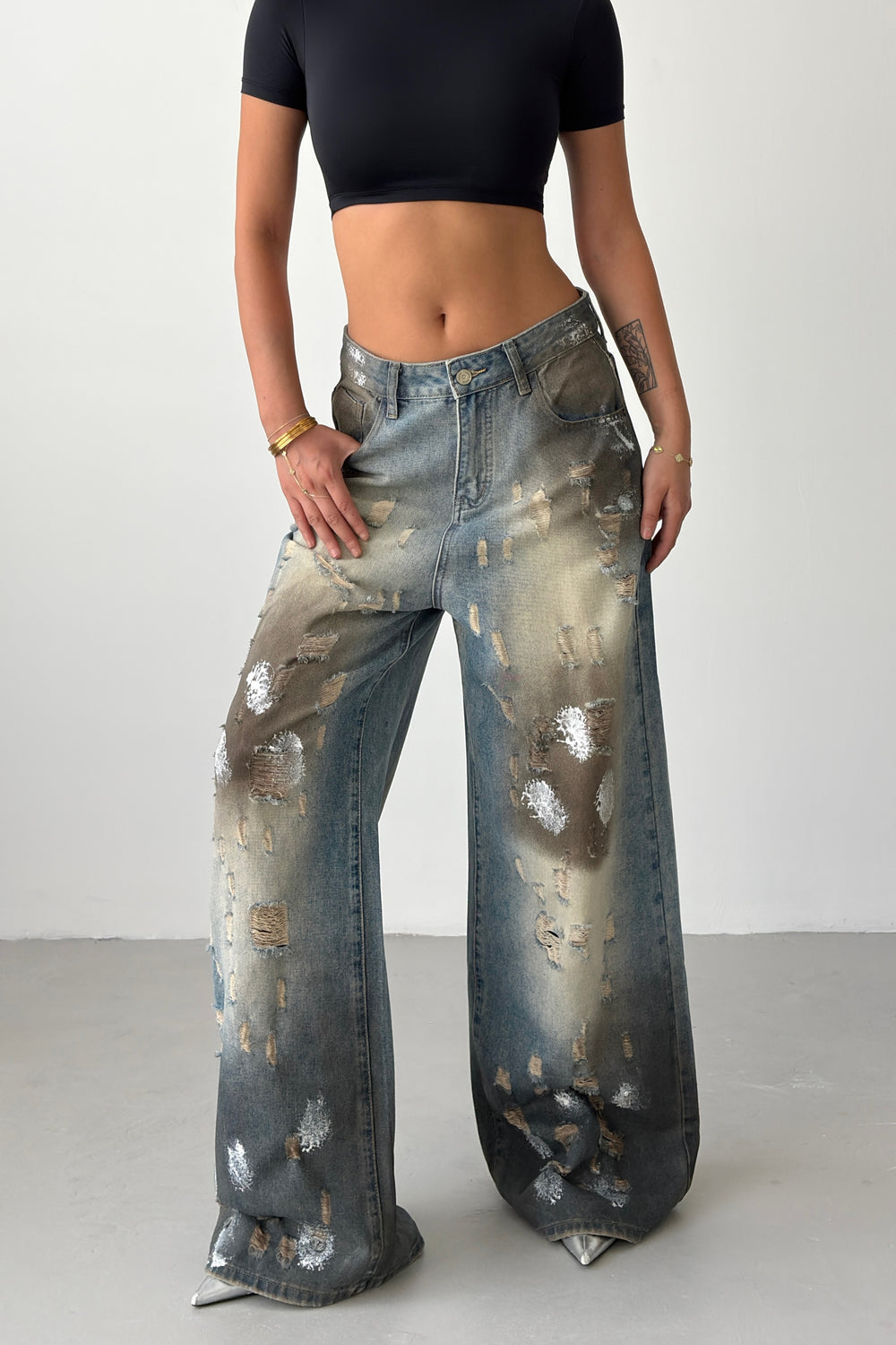 Routines Mud Washed Ripped Baggy Jeans 8228
