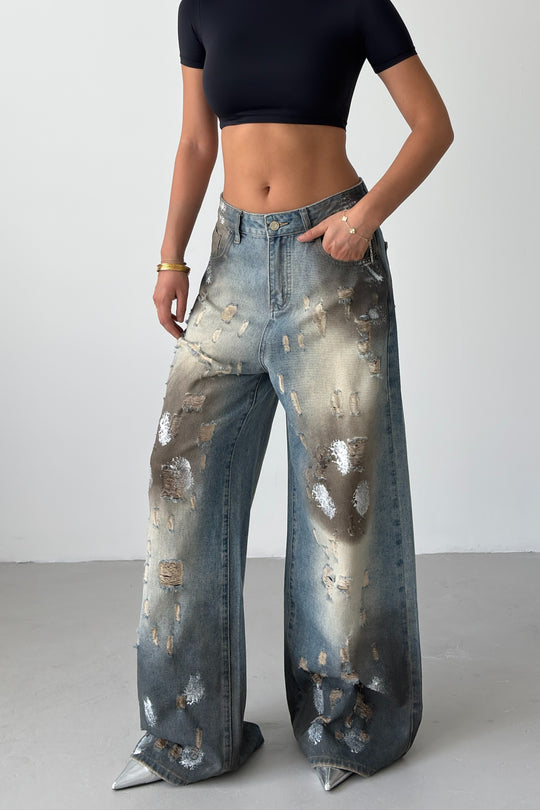 Routines Mud Washed Ripped Baggy Jeans 8228