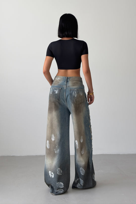 Routines Mud Washed Ripped Baggy Jeans 8228