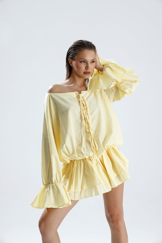 Routines Off Shoulder Ruffle Dress - Butter Yellow 3084 - ROUTINES