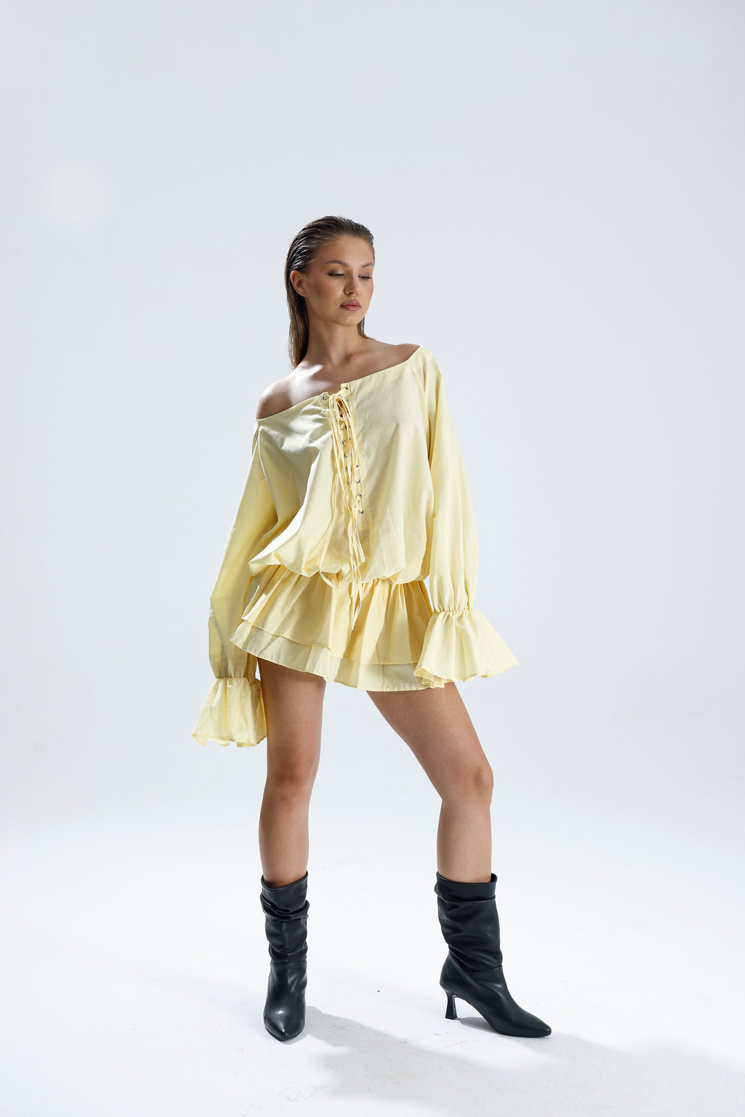 Routines Off Shoulder Ruffle Dress - Butter Yellow 3084 - ROUTINES